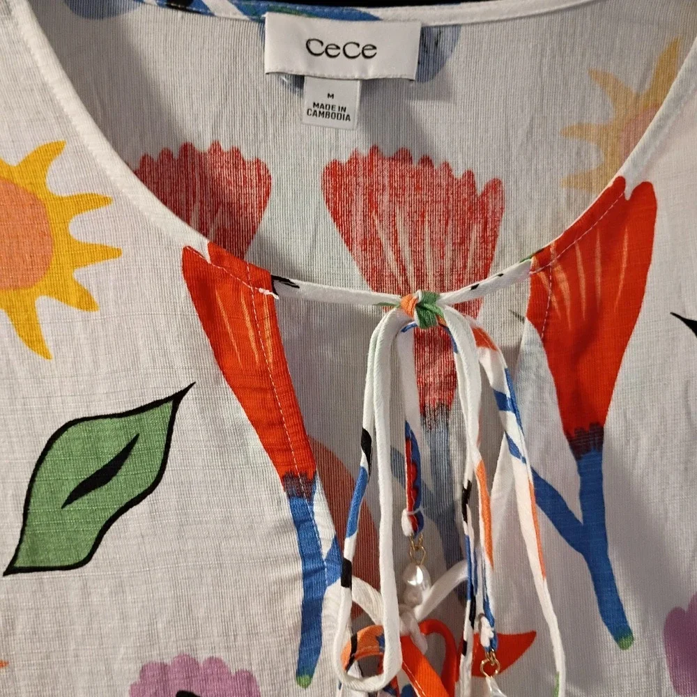 Cece Blouse Womens Size M Colorful Aztec Pattern VNeck Drawstring Summer Top EUC - Picture 6 of 8